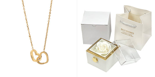 Women's Double-ring Heart-shaped Necklace with Rotating Soap Flower Rose Gift Box