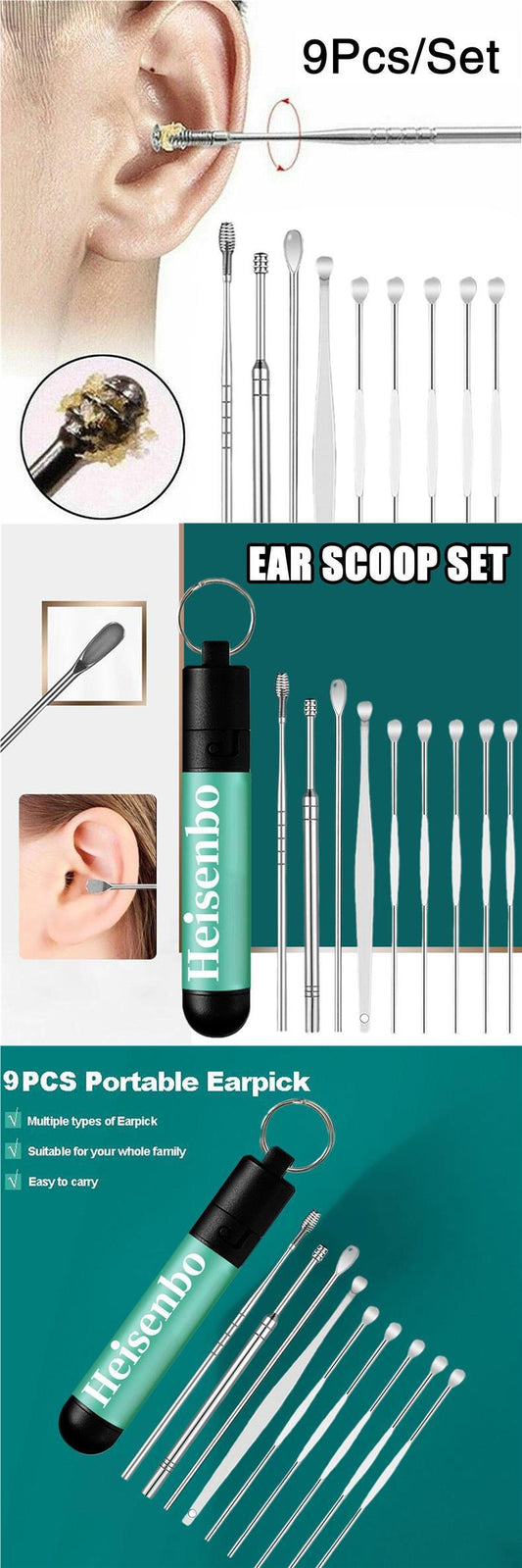 9PCs Steel Ear Buckle Ear Wax Cleaner Spoon Ear Care Ear Wax Removal Kit