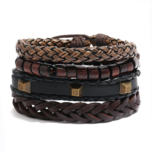 New European And American Fashion Bracelet Retro Braided Leather Rope Set