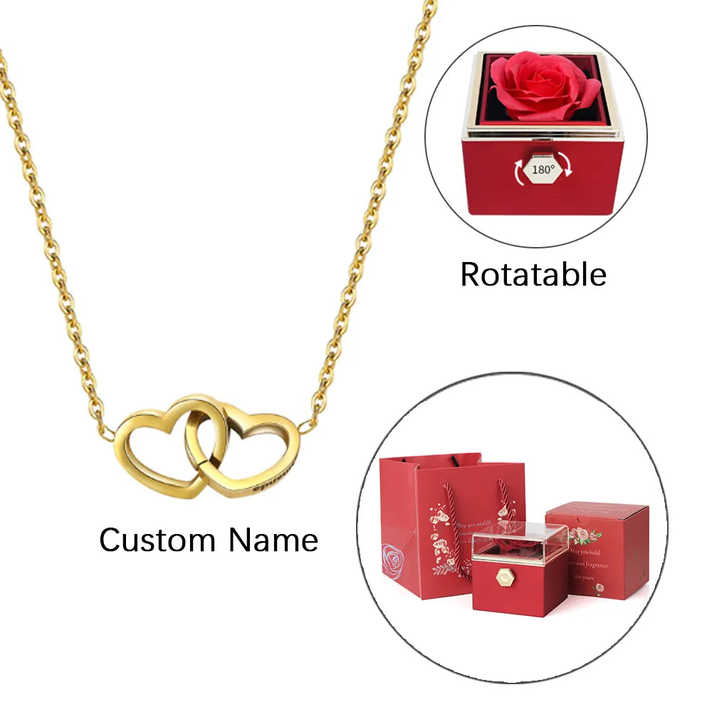 ETERNAL ROSE BOX - W/ENGRAVED NECKLACE & REALROSE Flower Gift Box Heart Customize Letter Necklace Valentine's Day Gift for Her